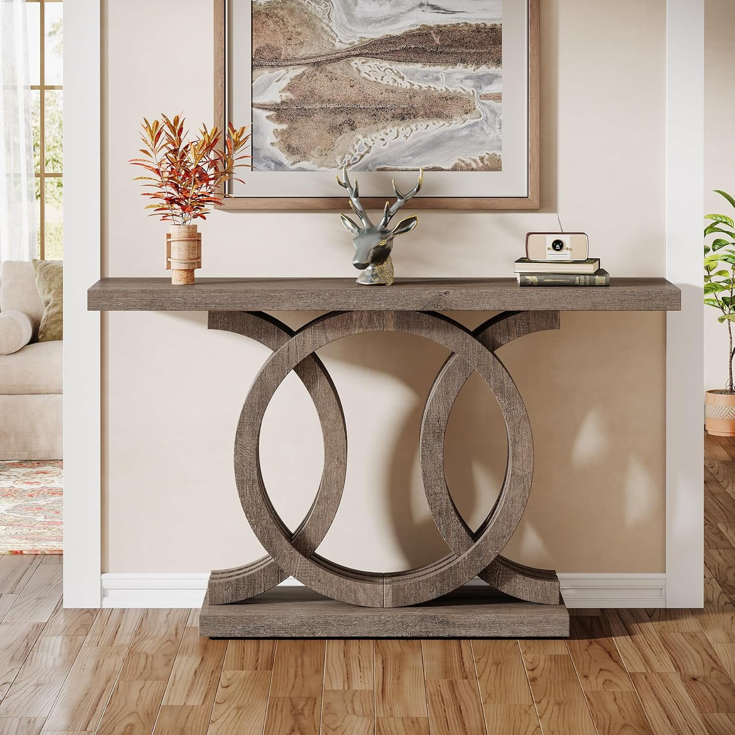 Finmind 55" Console Table with Geometric Wood Base, Modern Entryway Table, Brown