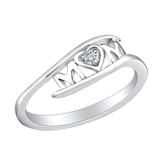 AFFY Mother's Day Jewelry Gifts Round Cut White Cubic Zirconia Mom Heart Promise Ring In 14k White Gold Over Sterling Silver Ring Size-5