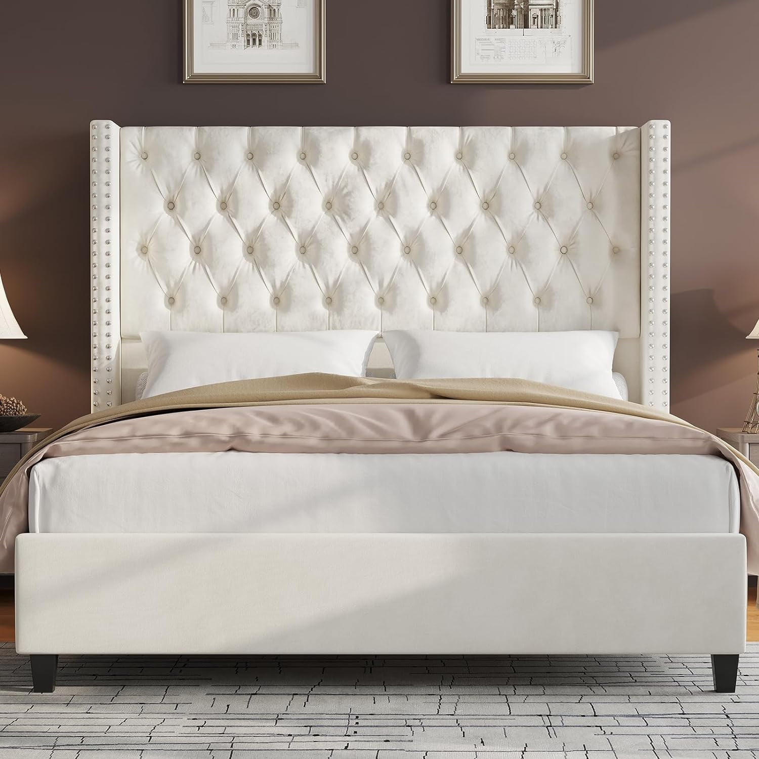Merluxy King Bed Frame with Deep Button Tufted and Velvet Wingback Headboard,No Box Spring Needed,Cream