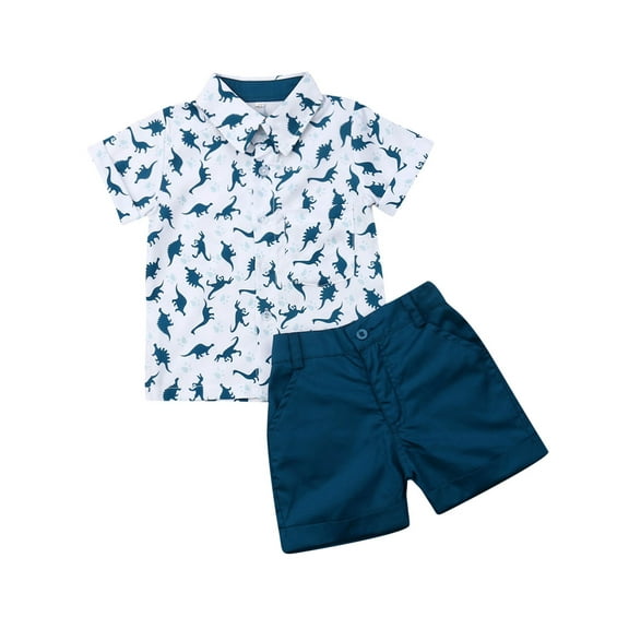 Loalirando Toddler Baby Boy Dinosaur Print Shirt Outfits Casual Button Down Top Solid Shorts Set Summer Clothes
