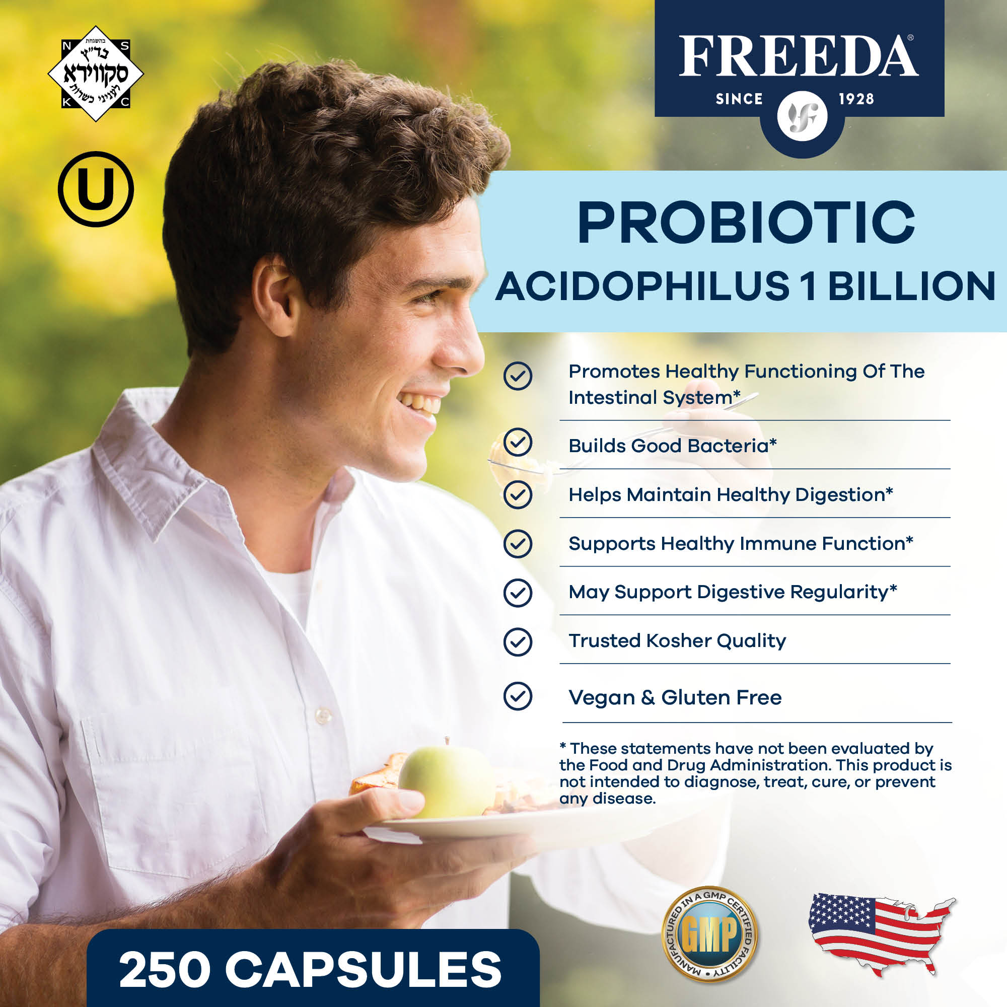 Freeda Acidophilus Probiotic 1 Billion CFU | Gut Health & Digestive Support | Vegan Capsules | 250 Count