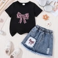 thumbnail image 2 of TOWED22 Girls' 2 Piece Summer Outfit Toddler Short Sleeve Bow Print Tshirt Tee + Denim Skirt Set Casual Clothes(Black,2-3 Y), 2 of 7