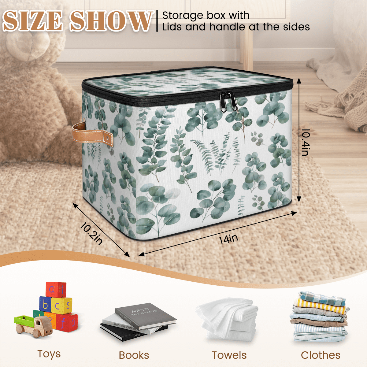 CURLYOOT Green Eucalyptus Leaves Fabric Storage Bins with Lids, Eucalyptus Leaves Foldable Storage Boxes Washable Storage Cube, Closet Bedroom Home Organizer Containers with Handles