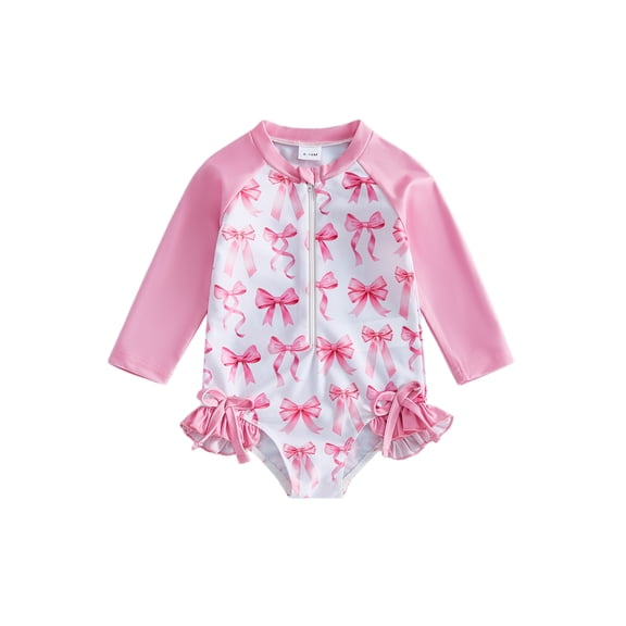 BemeyourBBs Toddler Baby Girl One Piece Summer Swimsuit Infant Girls Bathing Suit Bow Print Long Sleeve Zipper Up Rash Guard Swimwear Summer Pool Beachwear