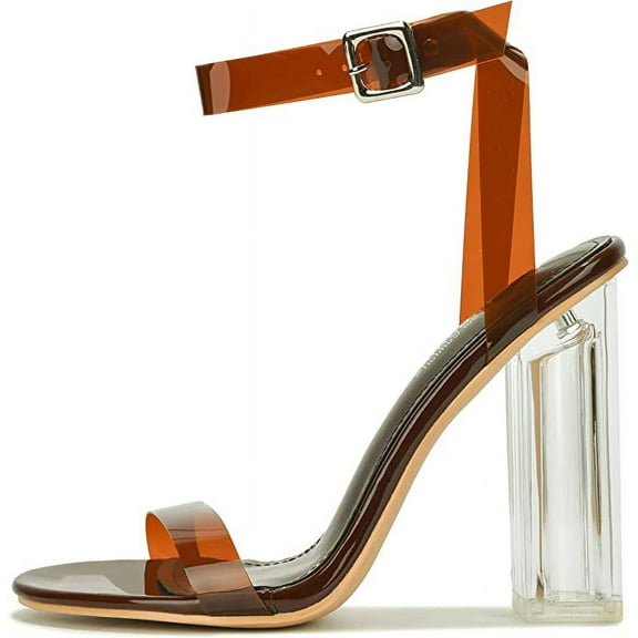Cape Robbin Maria-2 Brown Clear Block High Heel Transparent Open Toe Pumps (Brown, 6)