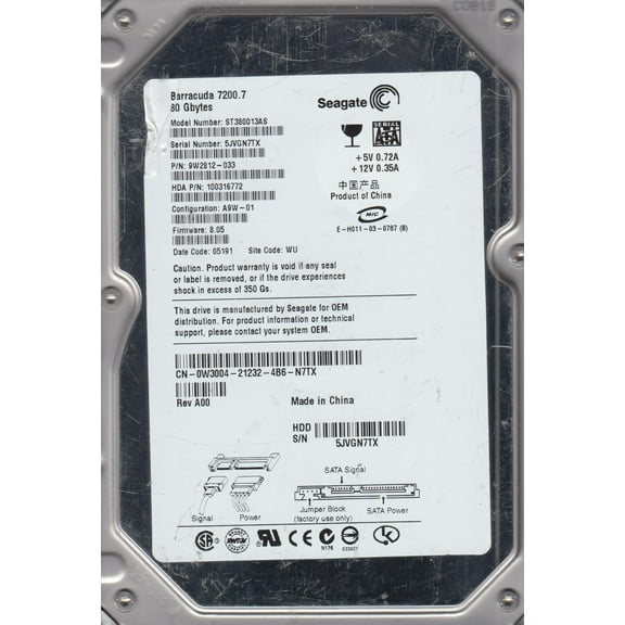 ST380013AS, 5JV, WU, PN 9W2812-033, FW 8.05, Seagate 80GB SATA 3.5 Hard Drive