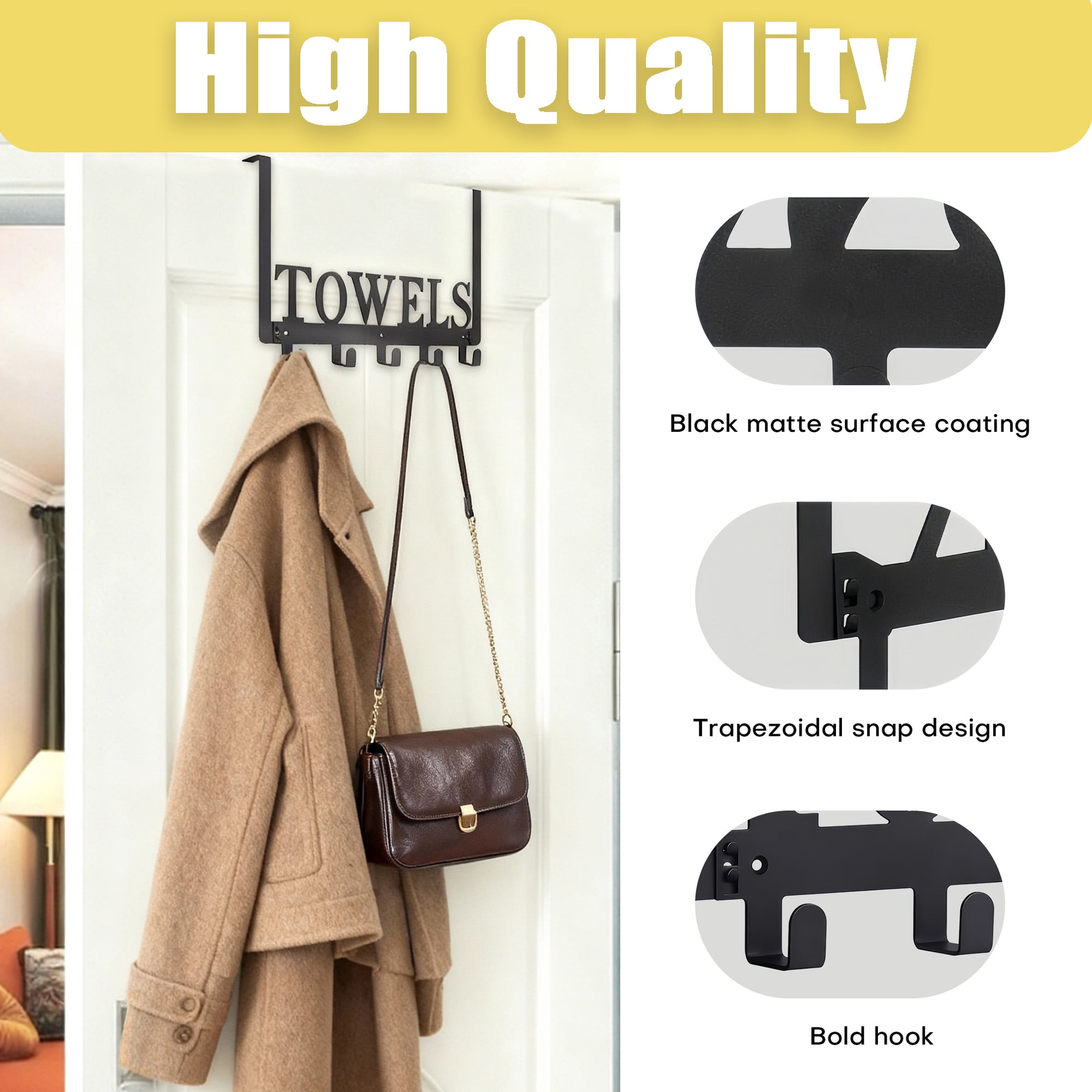 Over The Door Towel Rack, Metal Towel Holder with 5 Hooks, Wall Mounted Towel Hanger, Decorative Towel Organizer for Bathroom, Kitchen, Bedroom Closet