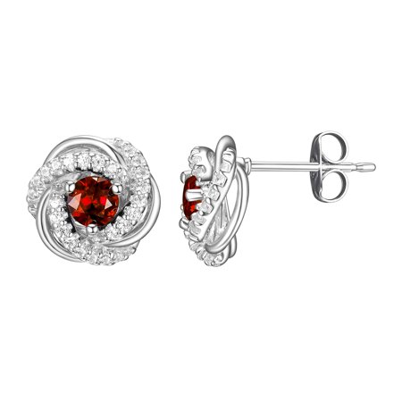 Rhodium Plated Sterling Silver Genuine Garnet January Birthstone Love Knot Stud Earrings for Women Gift for Her