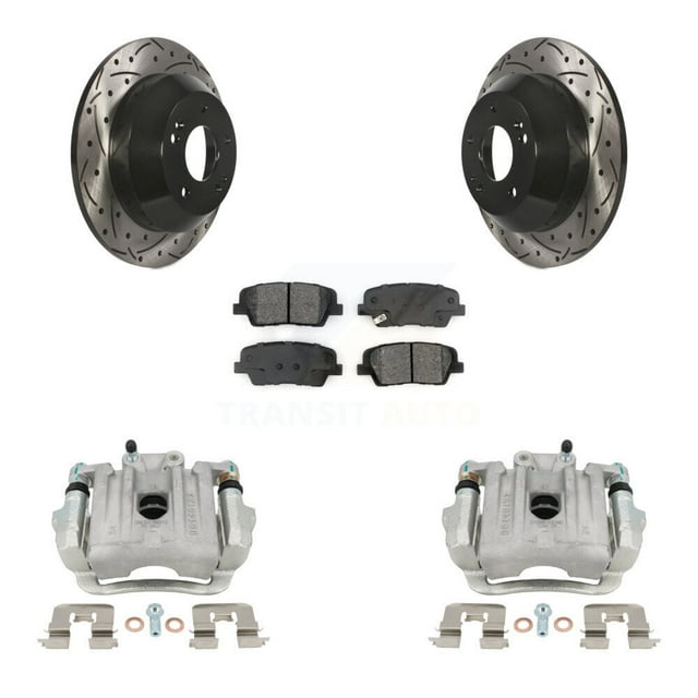 Transit Auto Rear Disc Brake Coated Caliper Drilled Slotted Rotors and Semi-Metallic Pads Kit for Car 2014-2015 Kia Sorento with Red Painted Calipers KCD-100511S