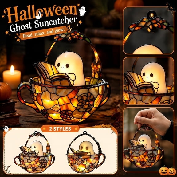 2026 Halloween Reading Ghost Acrylic Suncatcher , Summerween Decor Signs for Window Hanging Ornament, Art Garden Decor for Book Lover
