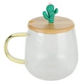 thumbnail image 3 of Bonita taza de vidrio de borosilicato de 400 ml, resistente al calor, con cuchara de acero inoxidable y tapa de bambú (cactus)., 3 of 14