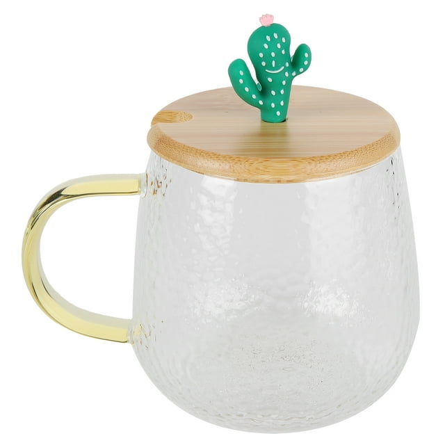 Glass Cup, Cute Beautiful Elegant Exquisite 400ml Coffee Mug With Spoon Lid For Family Kids For Friends For Home For Office Cactus