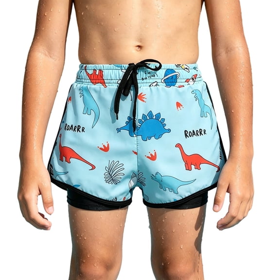Rggeeun Boys Child Swimsuit Set Cartoon Dinosaur Pattern Elastic Waist Side Slit Wide Leg with Adjustable Tie Double Layer Swim Trunks for Summer Beach Surf Lightweight Swimwear,Blue,18-24 Months