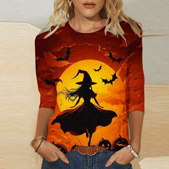 VKOYWKM Womens Tops Halloween 3/4 Sleeve T-Shirt Halloween Witch Print Crew Neck Pullover Tees Loose Fit Comfy Fall Tunic Tops Halloween Costumes