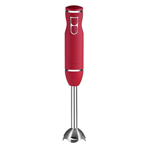 Batidora de mano con mango de acero inoxidable y cuchillas, potente trituración de hielo de 2 velocidades, mezclador de una mano, batido de puré, salsas y sopas, 300 W, rojo (nueva versión)