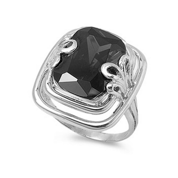 Black Simulated CZ Flower Solitaire Women's Ring ( Sizes 6 7 8 9 10 ) New .925 Sterling Silver Band Rings (Size 6)