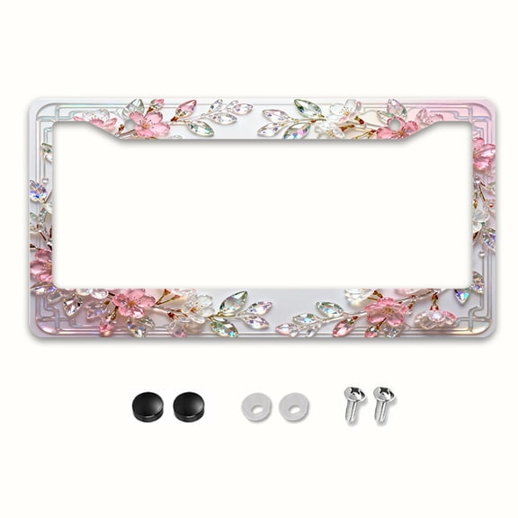 1pc Elegant Crystal Cherry Blossom Metal License Plate Frame | Suitable for North America and Most International Vehicles, Includes Installation Screws, Secure Fit, Stylish and Easy to Install