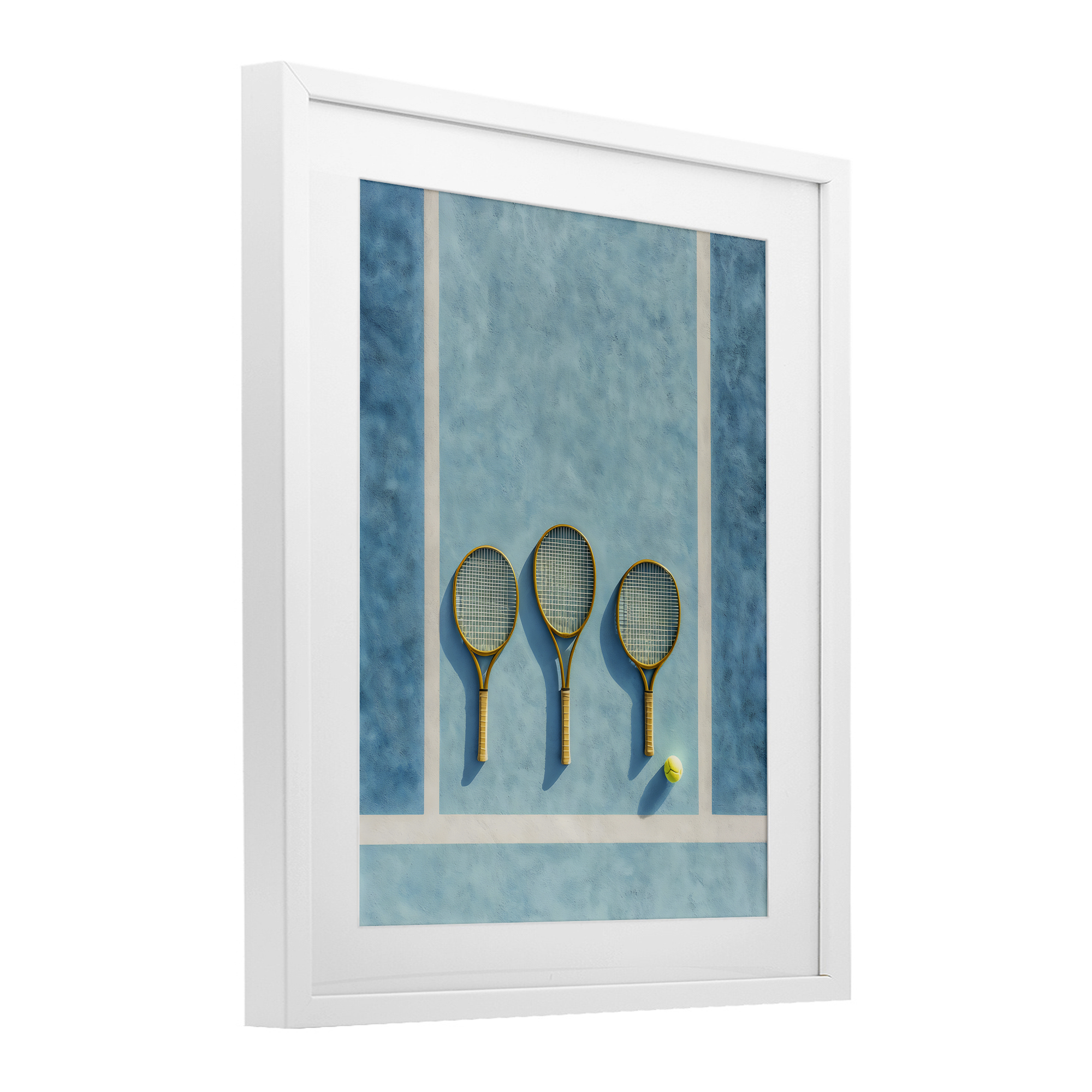 Tennis Racket Trio White Framed Print Under Glass, design by Franklyn Gregory