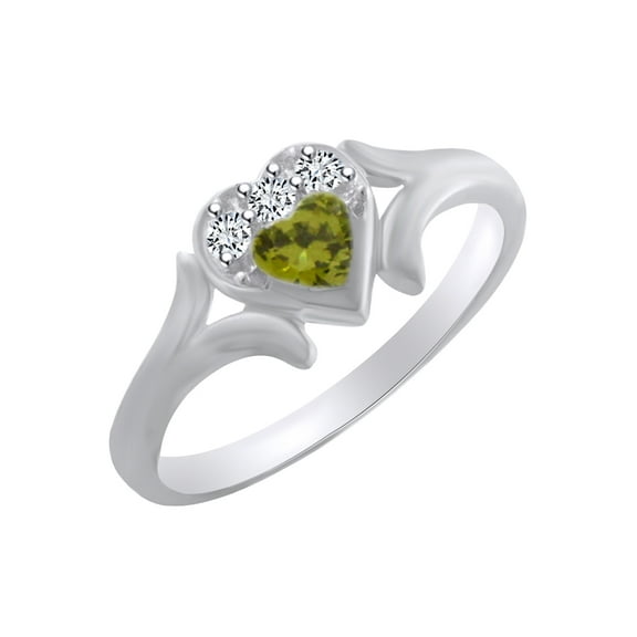 AFFY Heart Shape Simulated Peridot & White Cubic Zirconia Heart Promise Ring In 14k White Gold Over Sterling Silver Ring Size-6