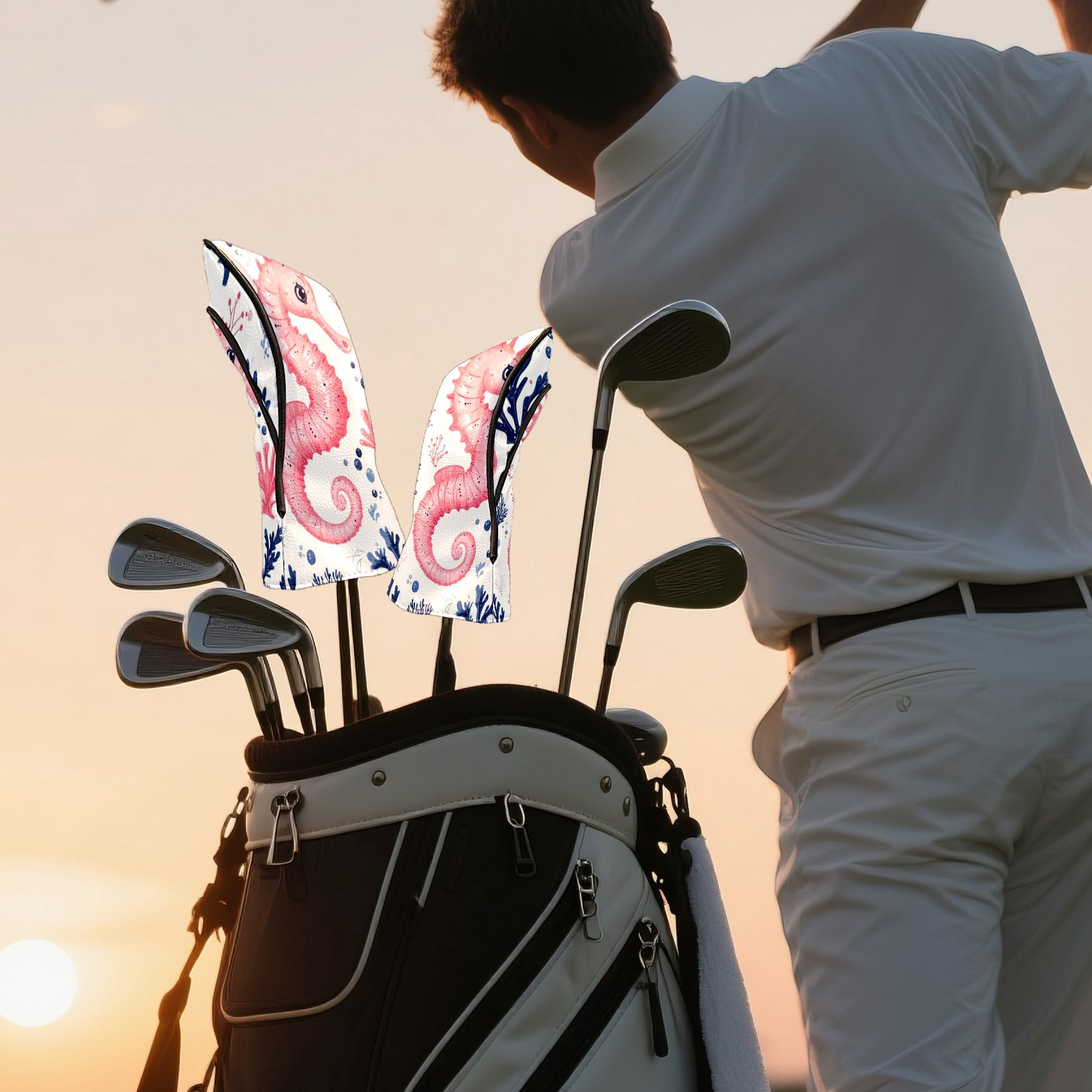 Golf Club Covers PU Leather Waterproof Head Covers for Fairway Woods Hybrids Seahorse Pattern Unisex Fits Most Brands