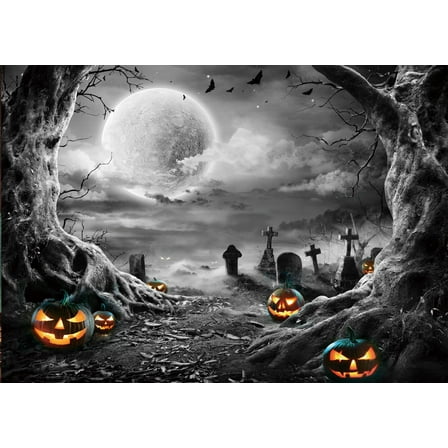 7x5 FT Halloween Graveyard Backdrop with Ghostly Moonlight and Pumpkins ,Spooky Haunted Forest Cemetery Scene for Party Decor