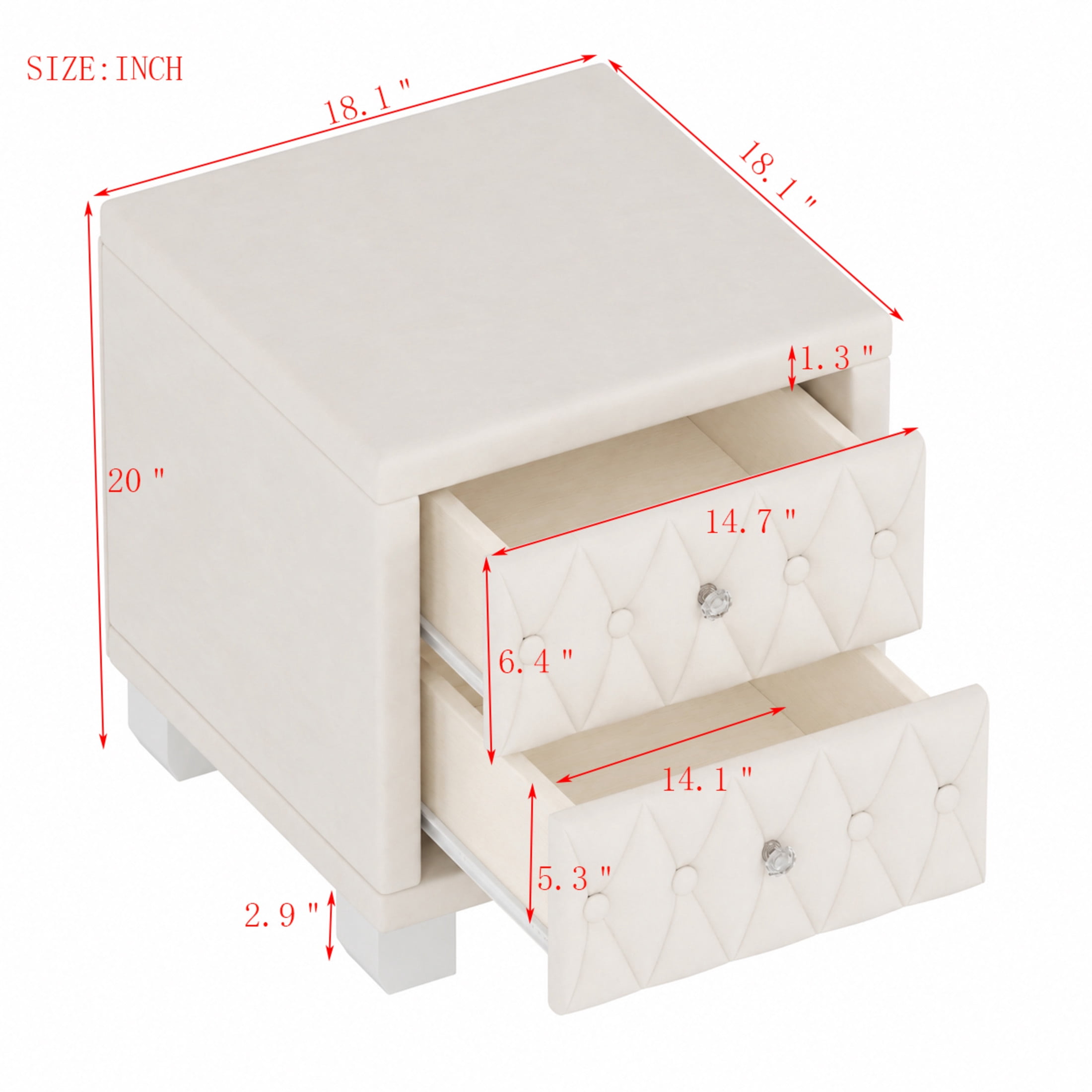 Noble House Velvet Nightstand with Button-Tufted Design, 2 Drawers and Crystal Handles, Beige