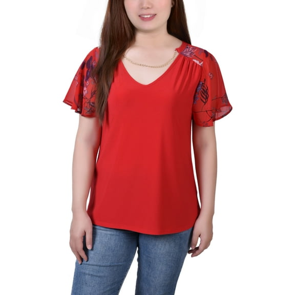 NY Collection Petite Printed Chiffon Sleeve V Neck Necklace Top Red Floral PS