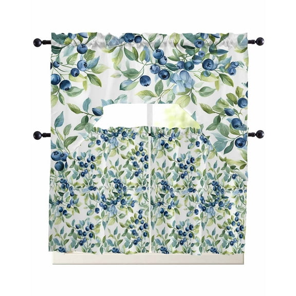 Blueberrys Leaves Kitchen Curtains Sets 36 Inch Length with Valance, Country Green Botanical Plants Swag Valances and Tiers Curtain Set Drapes Swag Curtains for Living Room, Bathroom, Bedroom, Cafe