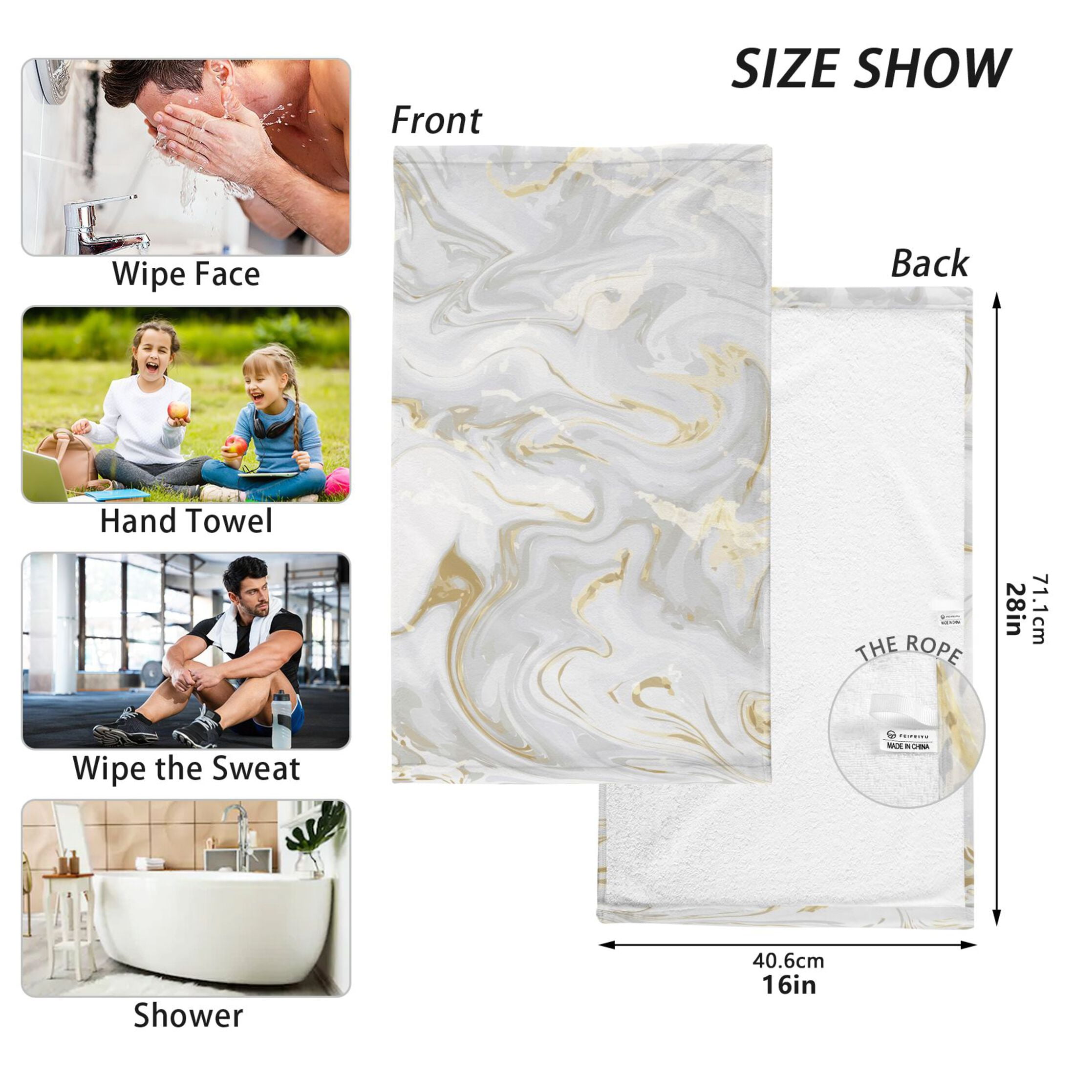 Marble Gold and White Bath Hand Towels 2 Pcs Absorbent Face Towel Soft Breathable Cotton Towel Set for Bathroom Kitchen Hotel Spa Decor