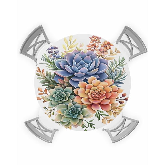 nqOlkjepod Spring Floral Succulents Round Tablecloth, Fitted Table Cover with Elastic for 55"-60" Round Tables, Watercolor Botanical Summer Table Cloth Outdoor Dinning Party Waterproof Tablecloths