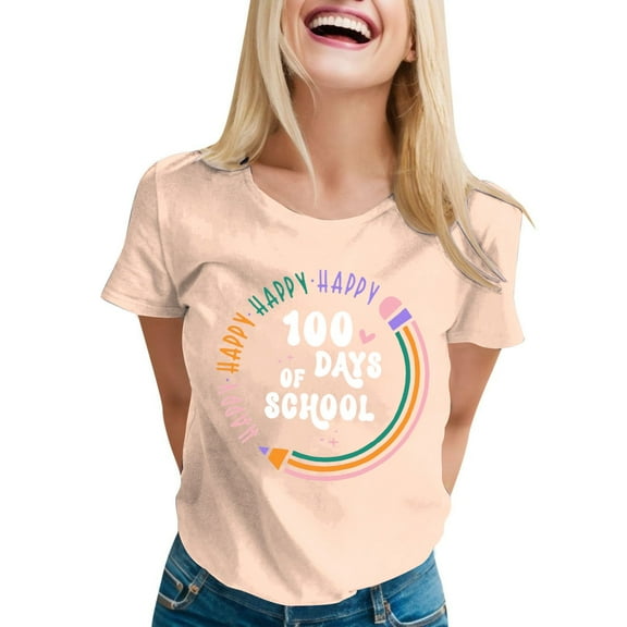 DONDPO Teacher Graphic Short Sleeve Tshirt 100 Days of School Shirt Women: Happy School T-Shirt Teacher Student Short Sleeve Tee 100 Days Of School Shirt School Days Tee Tops Beige L
