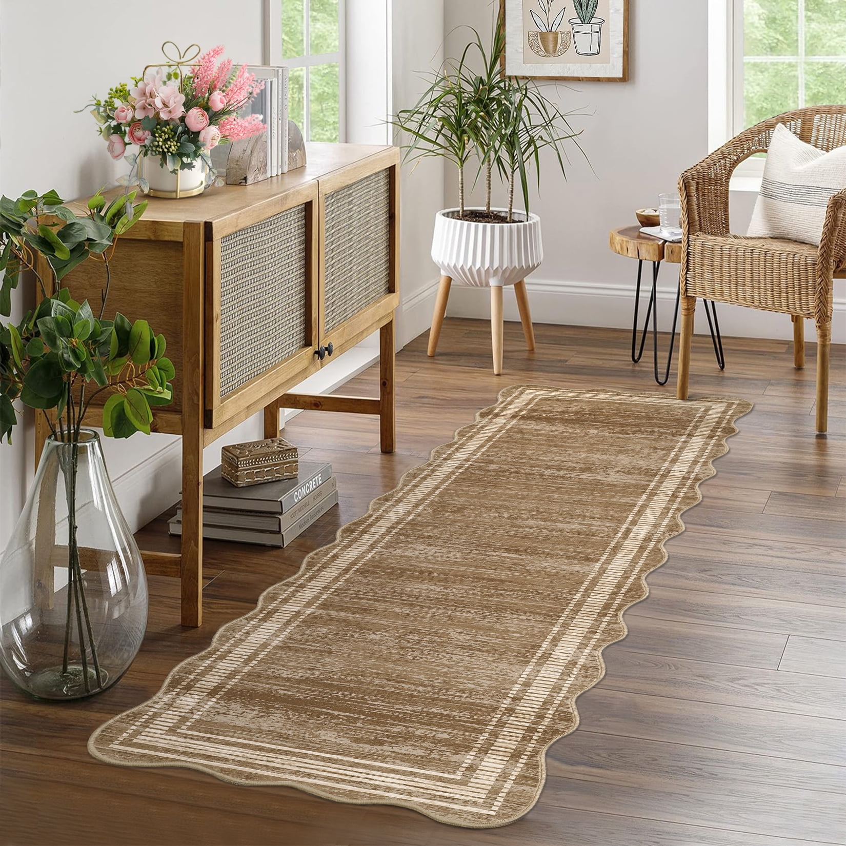 Washable Rugs for Living Room, Non Slip Modern Scalloped Rugs, Low Pile Soft Stain Resistant Rug Non Shedding Modern Print Floor Mats for Home Decor