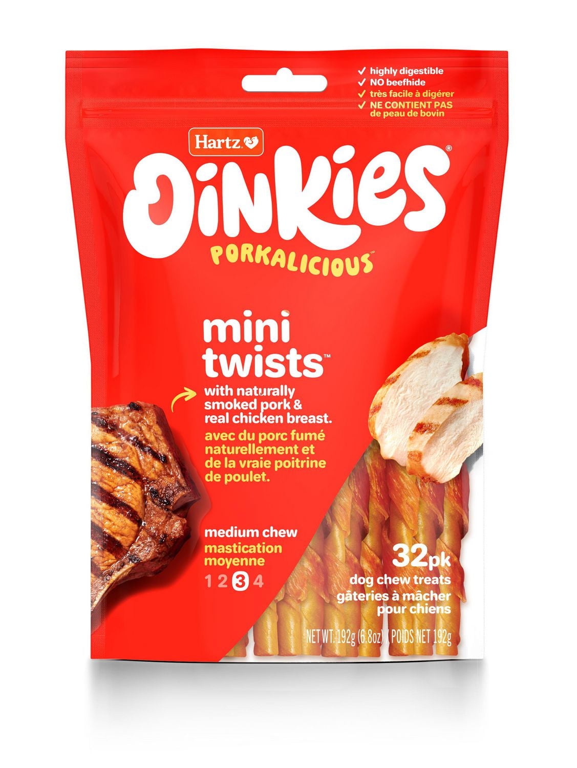 Hartz Oinkies Chicken Pig Skin Mini Twists Chew Dog Treats, 32pk