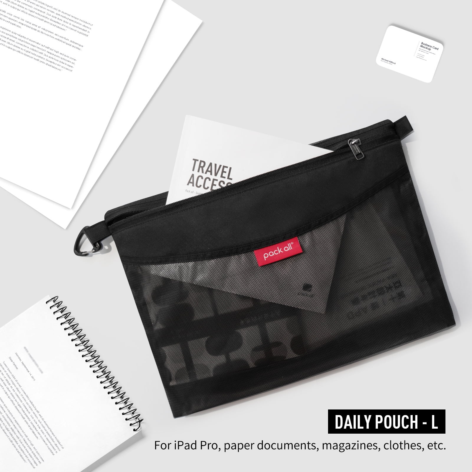 pack all Water-Resistant Material Zipper Pouch, Mesh Zipper Bags (Black, Large)