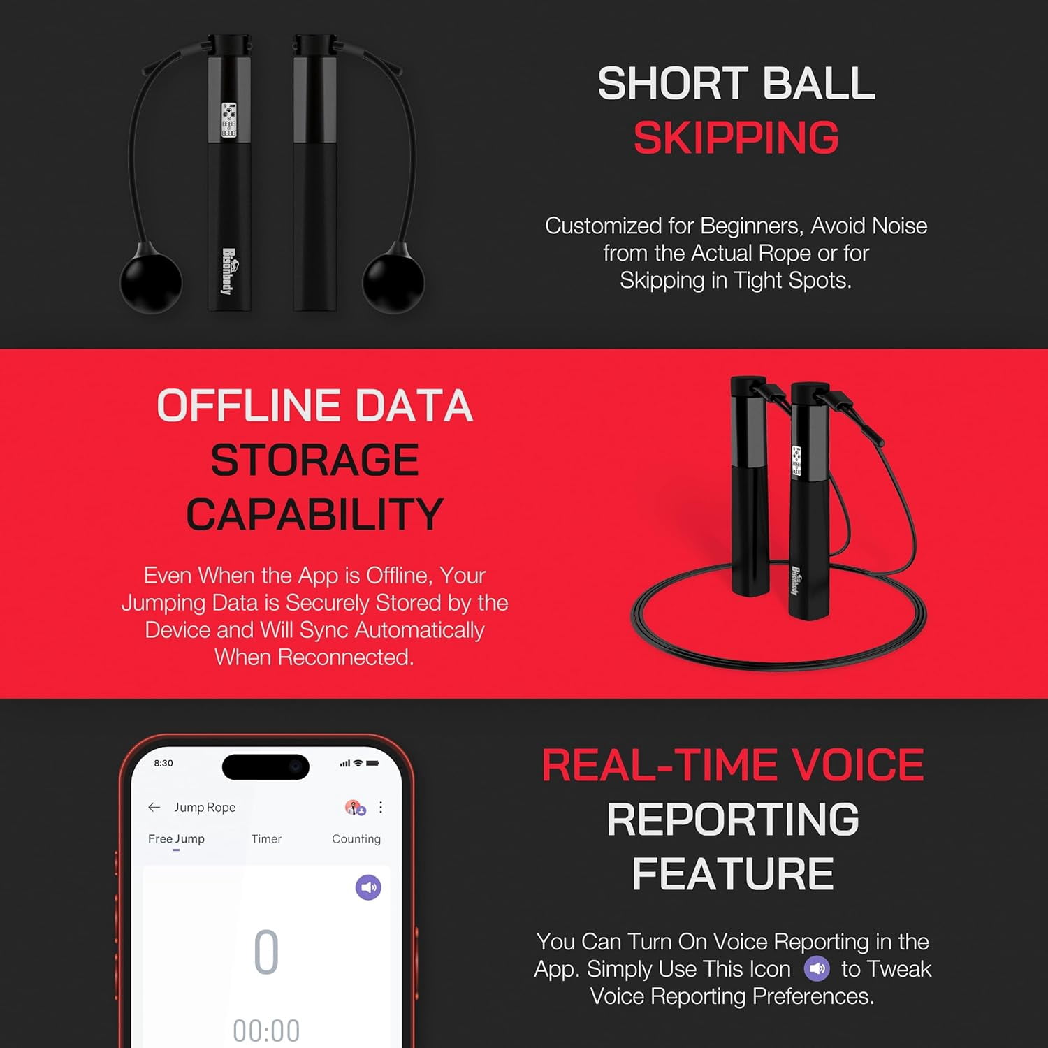 Bisonbody Smart Jump Rope Fitness Skipping Rope with App â 2 Function Modes â Classic 3m Rope & Ropeless Shortballs â Bluetooth Skipping Rope with Fitdays+ App for Seamless Progress Tracking