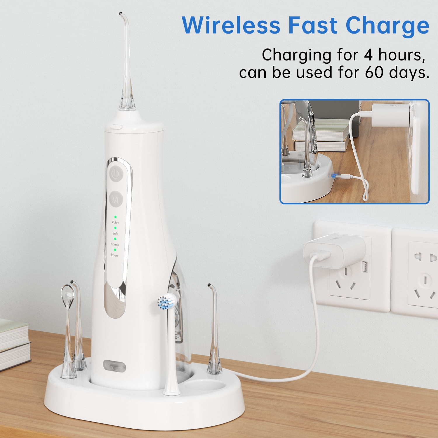 Cshidworld Water Flosser, Cordless Oral Irrigator 300ml Water Tank, Rechargeable Travel Dental Irrigation Cleaner with 4 Modes & 8 Jet Tips, IPX7 Waterproof Dental Irrigator with Charge Station