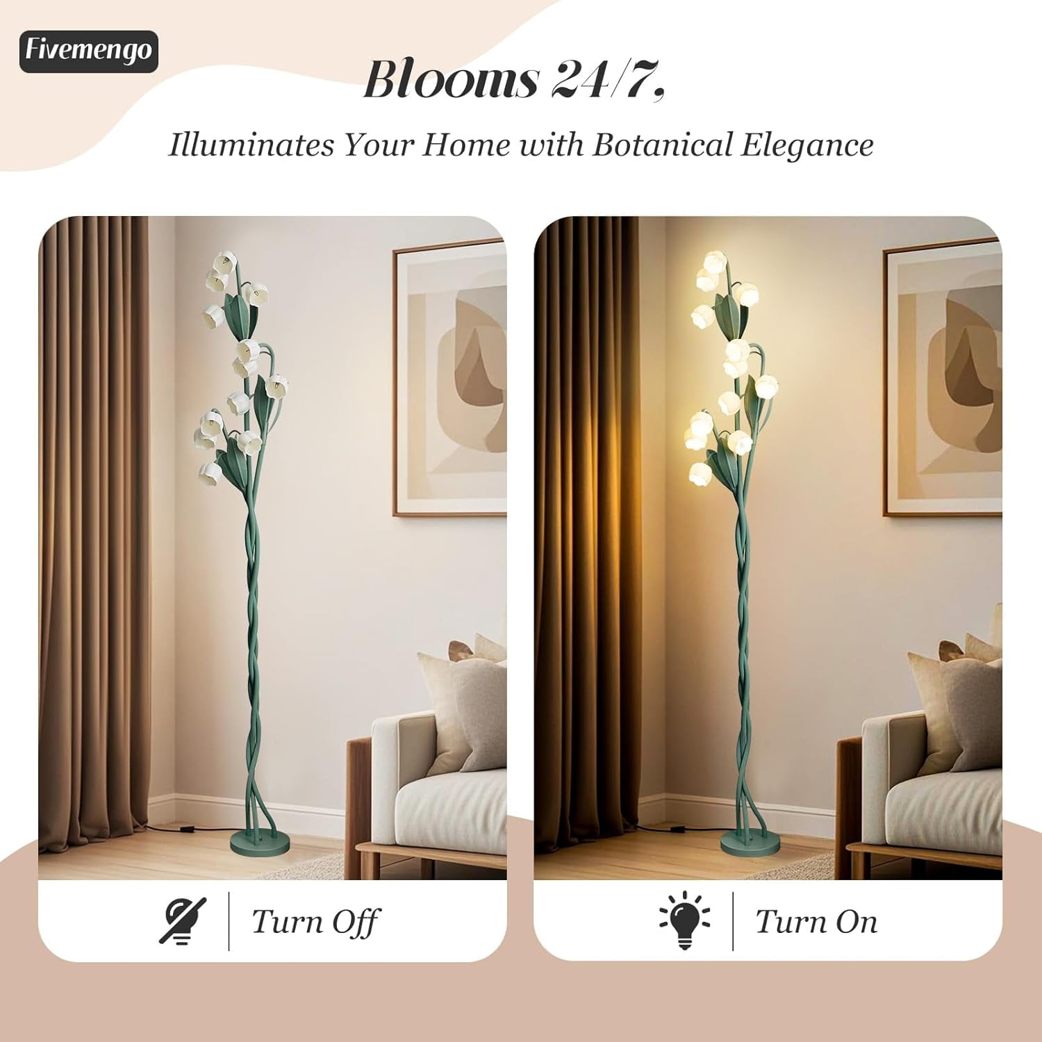 12 Heads Flower Floor Lamp, Lily of The Valley Green Flower Lamp, 63-Inch 3 Flexible Stems Vintage Corner Standing Cute Tall Light for Living Room Kids Girls Bedroom, Bulbs Included