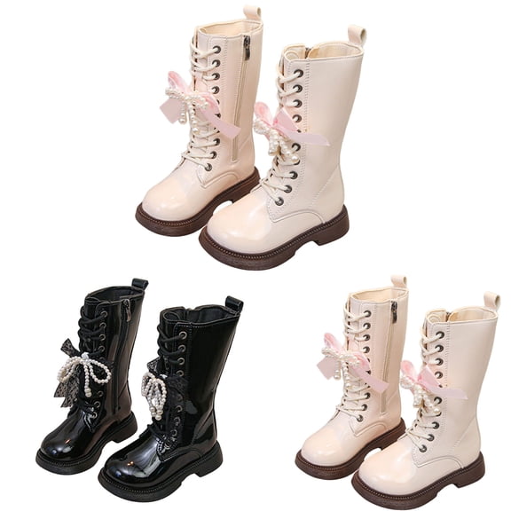 Dakaela 2-12Y Girls Boots Winter Lace up Knee High Riding Boot Toddler Wide Calf Pearl Bowknot Fashion Tall Combat Booties Black