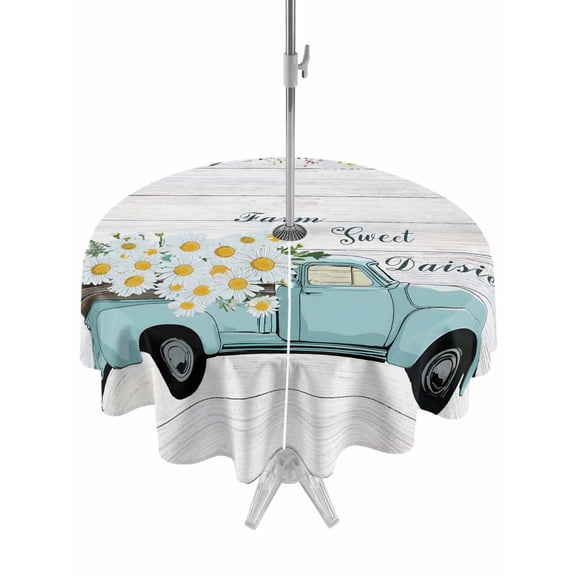Outdoor Tablecloth with Umbrella Hole for Patio/Picnic/Party/Camping, Spring Daisy Waterproof Table Cloth Round Cover Washable, White Flowers Country Car Farmhouse Wood Grain (Dia 60")