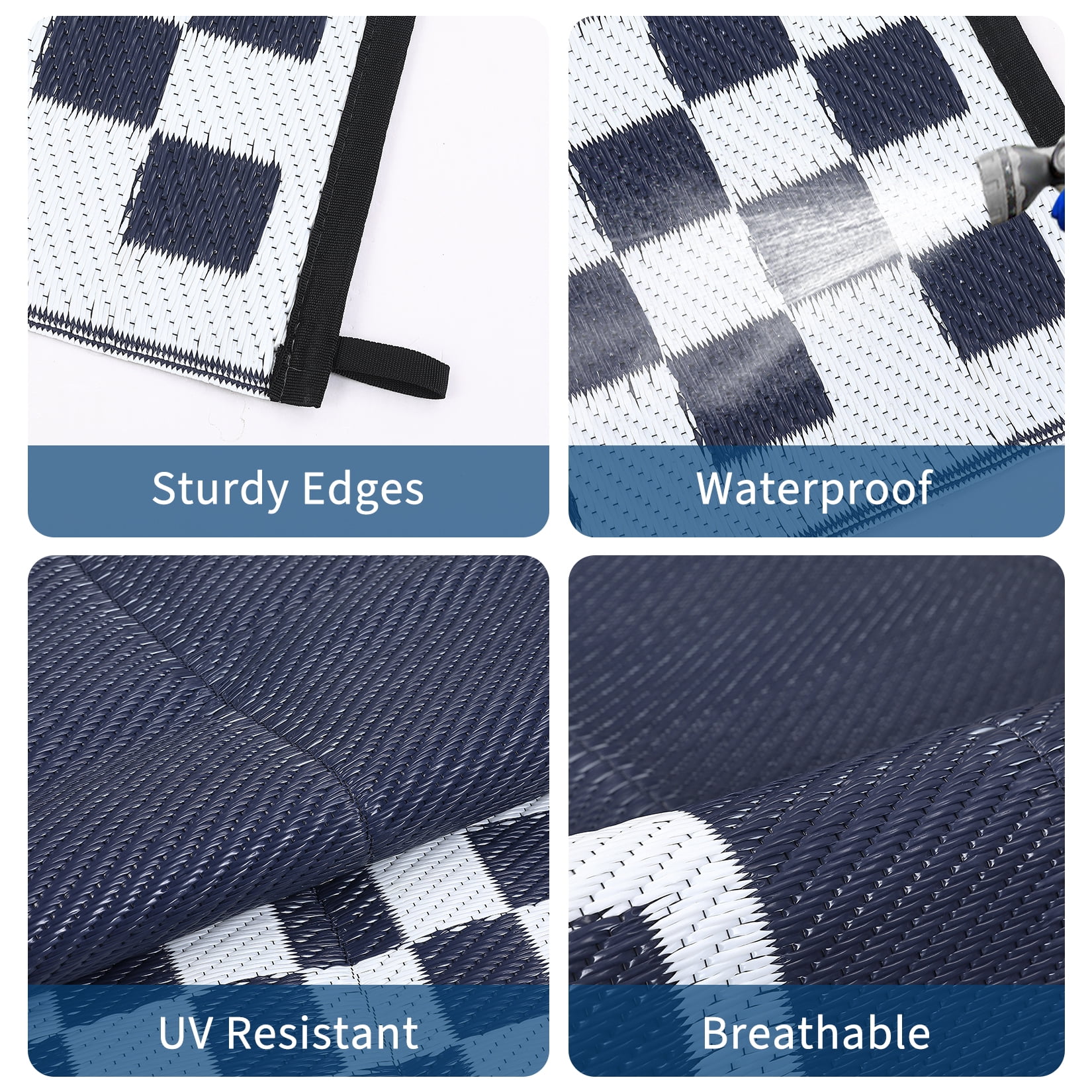 HIWEAVER 9' x 18' Navy/White Outdoor Rug PP Plastic Straw Woven Waterproof Patio Rug with Border Portable Outside Carpet for Balcony Deck Picnic Garden Decor
