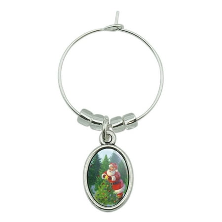 Christmas Holiday Santa Claus Trees Wine Glass Oval Charm Drink