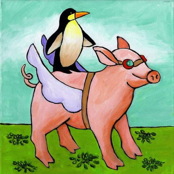 Marmont Hill - "Pig and Penguin" by Janet Nelson Painting Print on Wrapped Canvas