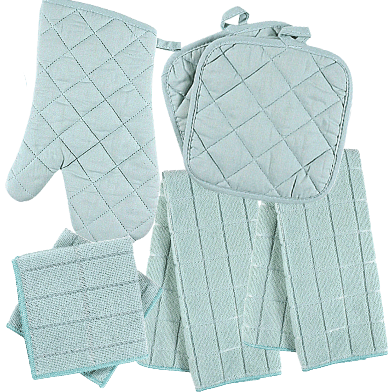 Osnell USA Kitchen Towels - 2 Oven Mitts, 2 Pot Holders, 1 Kitchen Towel - Soft Teal