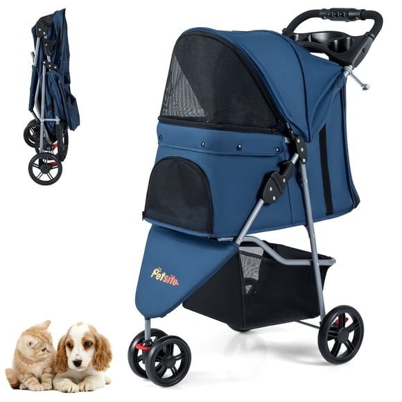 Gymax Foldable Pet Stroller Adjustable Cat Strolling Cart w/ Adjustable Canopy 3 Shock-absorbing Wheels Navy