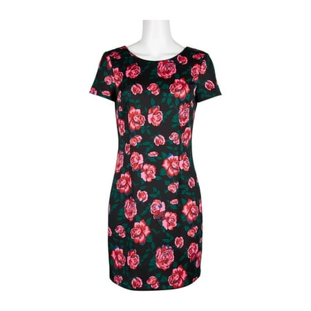 Betsey Johnson Women's Zippered Floral Short Sleeve Jewel Neck Short Sheath Party Dress Red Size 14