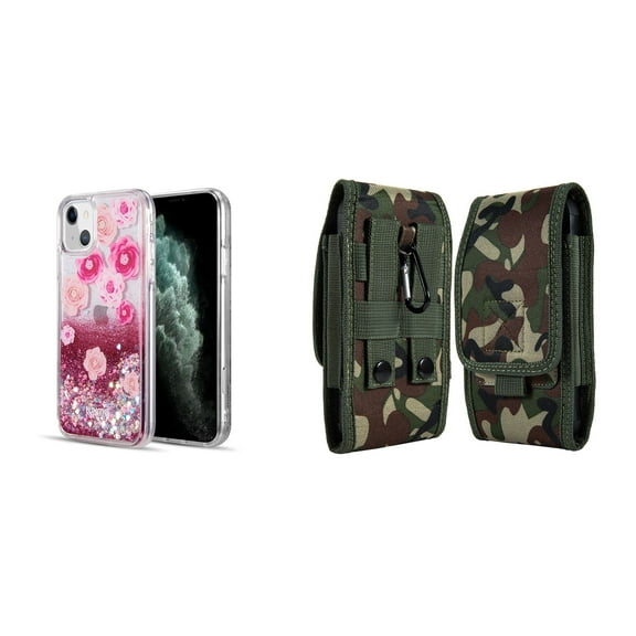 Liquid Glitter Case for iPhone 14 and Belt Holster Pouch (Pink Flowers/Jungle)