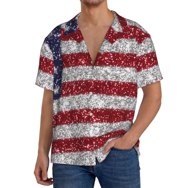 Fotbe America Flag Glitter Camisa Estampada de Manga Corta para Hombre, Casual de Verano, Estilo Playero, Sin Arrugas-XX-Large