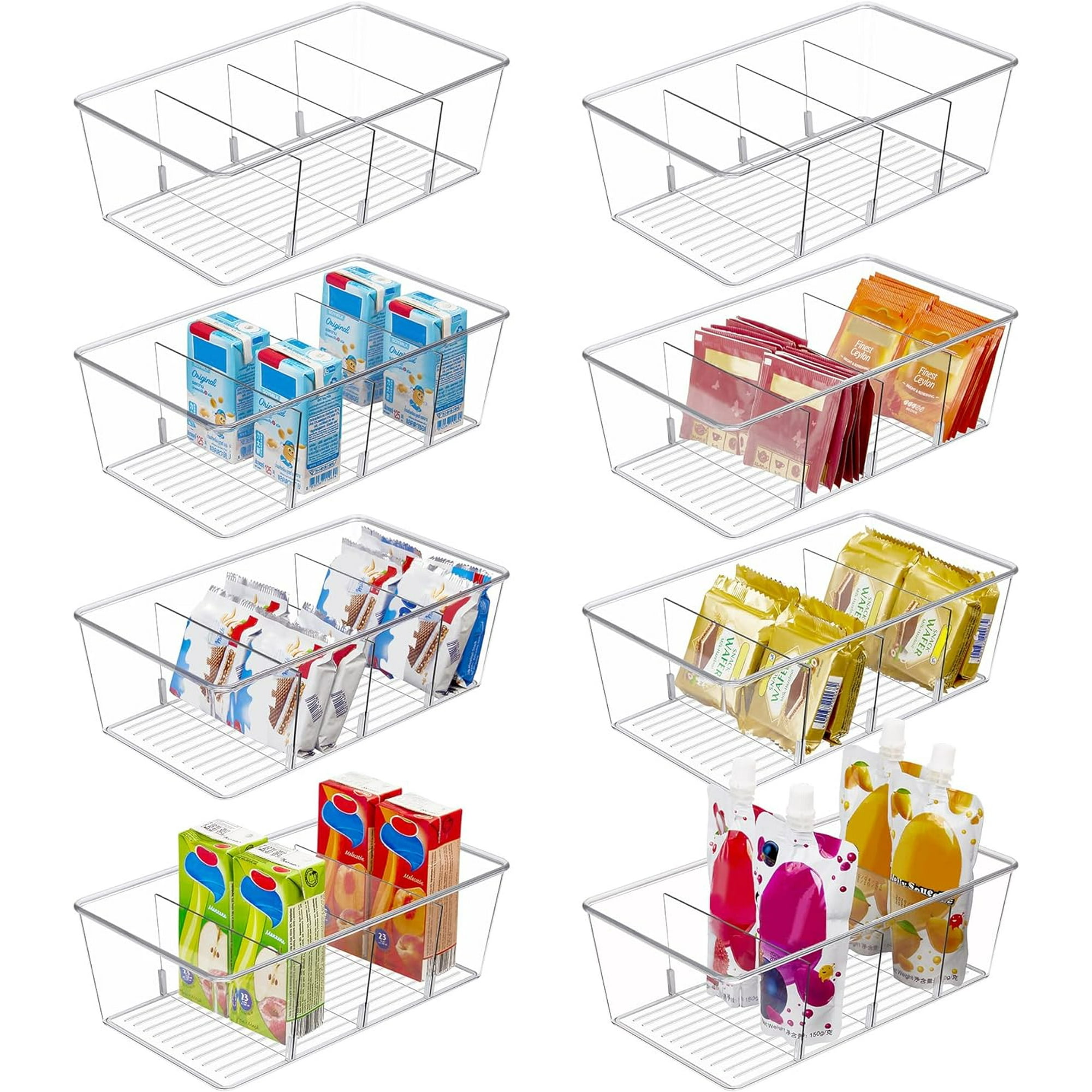 8 Pack Food Storage Organizer Bins, Clear Plastic, 4 Compartments | For Pantry, Kitchen, Fridge and Cabinet Organization, Organize Food Packets, Snacks, Pouches and Spice Packets