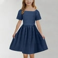 thumbnail image 4 of BRGZLK Girls Summer Dress Trendy Solid Color Ruffle Sleeve Round Neck Tiered A-Line Dress Casual Tie Back Princess Dress Navy 7-8 years, 4 of 6