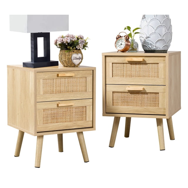 Mesita de noche Finnhomy con 2 cajones decorados en ratán natural